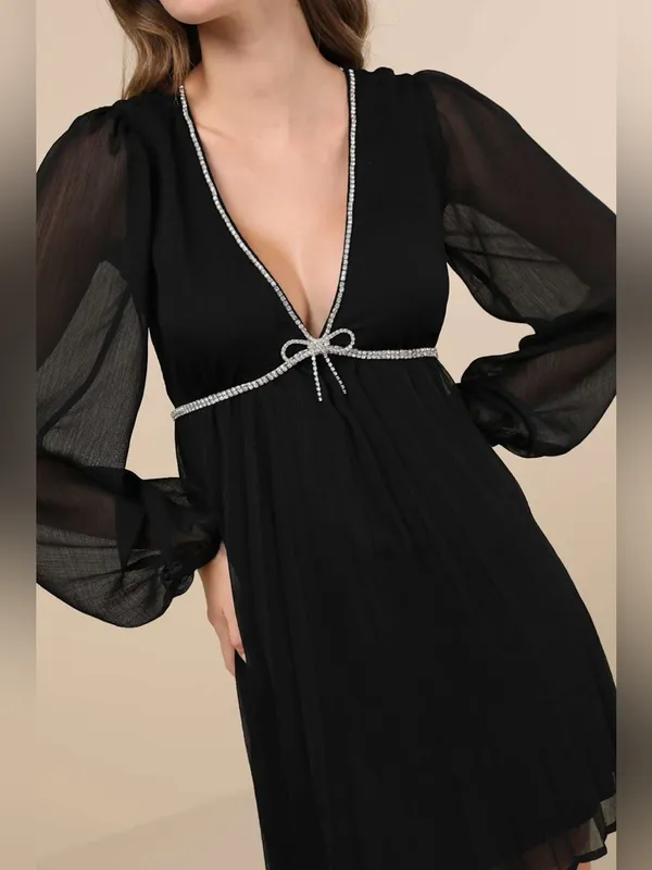 Lulus Stylish Shine Black Rhinestone Bow Long Sleeve Mini Dress Size small - Image 3