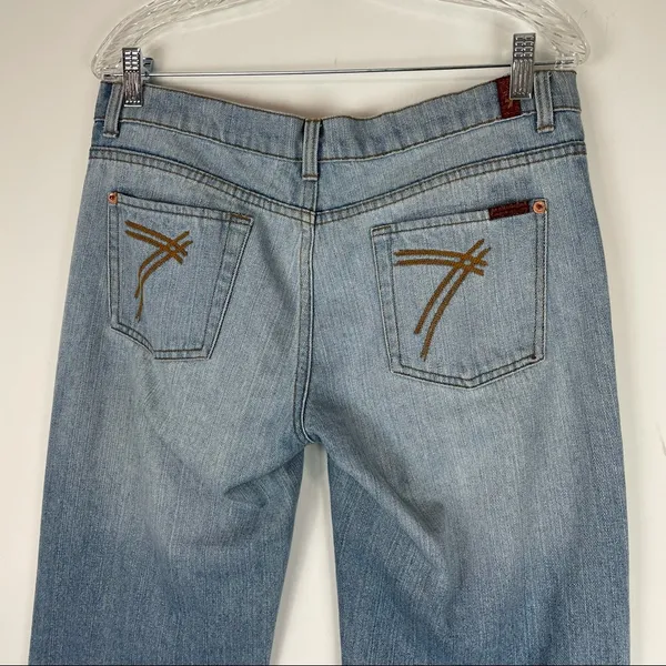 7 For All Mankind Dojo Wide Leg Flare Jeans Light Wash Denim - Image 5
