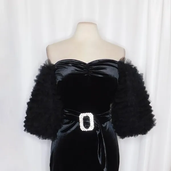NWT!! ZARA Black Velvet Dress Ruffled Tulle Sleeves Rhinestone Party Cocktail - Image 4