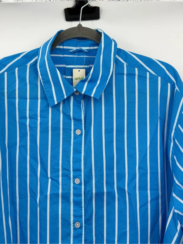 Aerie Good Day Button‎ Down Shirt Large Blue Striped Oversized Cotton - Image 5