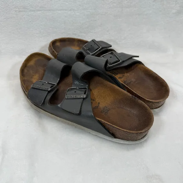 Birkenstock Arizona Leather Sandals Gray Two‎ Strap Slides EU 38N US 7 READ - Image 10