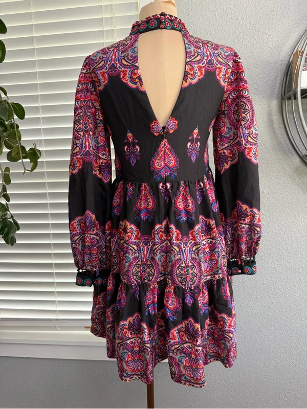 Anthropologie Mixed Printed Boho Mini Dress Size 0 Beaded - Image 6