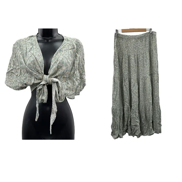 Lulus Sweet and Flirty Sage Green Floral Print‎ Two Piece Crop Top & Skirt XL - Image 2
