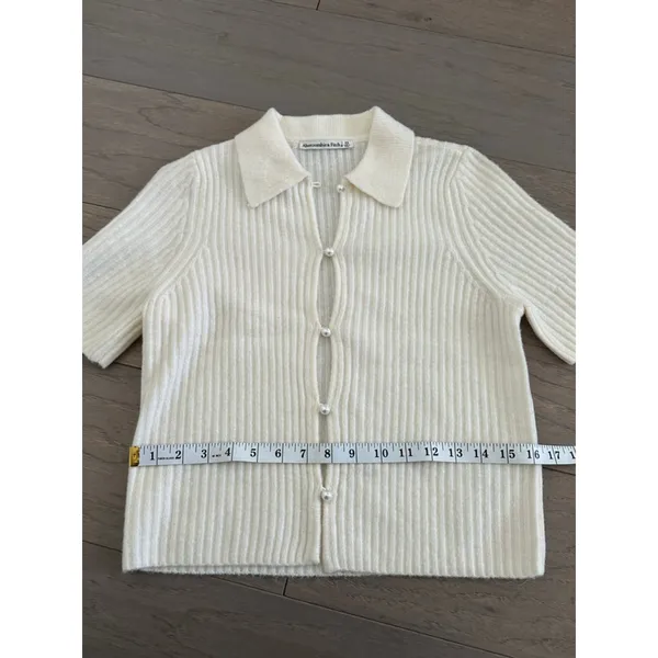 Abercrombie & Fitch Cream Ribbed Button Up Cardigan - Image 6
