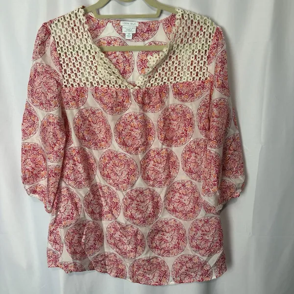 Calypso St Barth Target 100% Silk Blouse Size M Medallion Print Crochet Top - Image 2