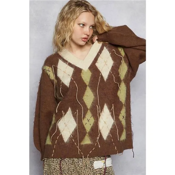 POL V-Neck Argyle Pattern Mohair Sweater with‎ Contrast Exposed Stitch Detail - Image 12