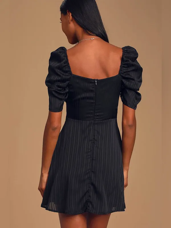 Lulus Dance After Dark Black Satin Striped Skater Dress Sweetheart Size Small - Image 2
