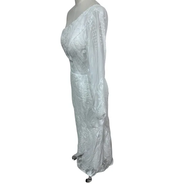 Women's White‎ One Shoulder Lace Sequin Formal Dress Elegant Stunning Bridal 8 - Image 9