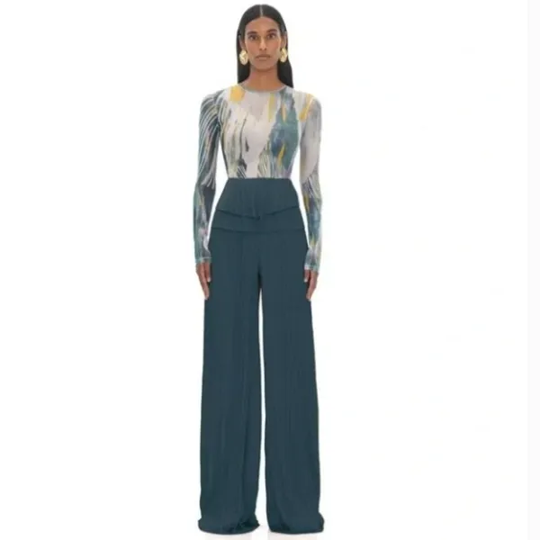 Andrea Iyamah Teal Wide-Leg Pleated Pants - Image 2