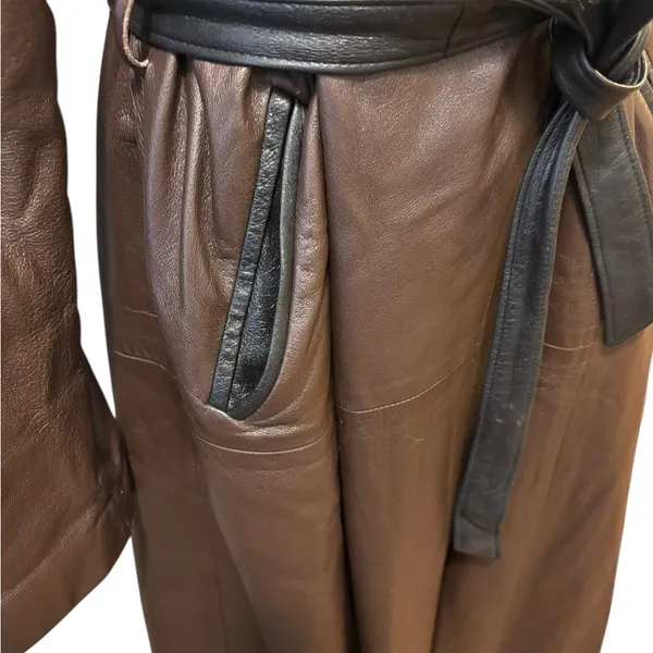 VTG Brown Leather Trench Coat Belted Contrast Trim Minimalist Chic Sz 16 Lined - Image 4