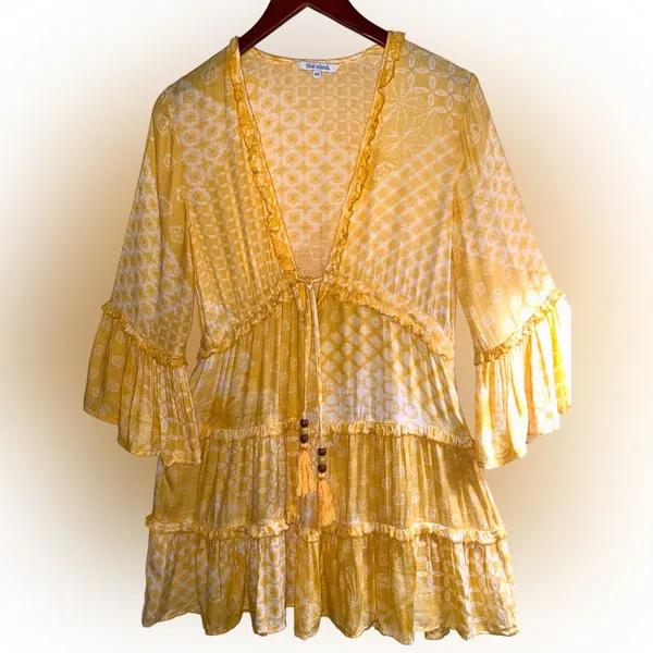 blue island Yellow Printed Boho Tie-Front Tunic - Image 7