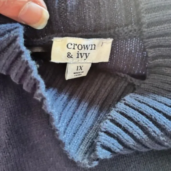 Crown & Ivy 1X Navy Turtleneck Sweater Multicolor Pom Pom Knit Long Puff Sleeve - Image 6