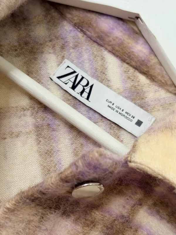 Zara Cream Purple Plaid Cropped Shacket Jacket Size S Fuzzy Cozy Fall Layer Preppy - Image 6