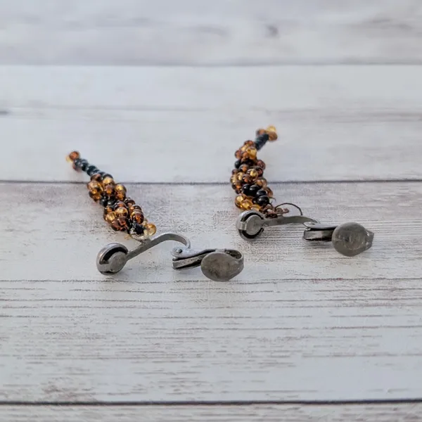 Vintage Clip On Earrings Beaded Dangle Amber Tones & Black - Image 6