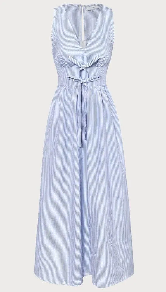 Rihoas Blue V Neck Shirred Striped Maxi Dress - Image 6