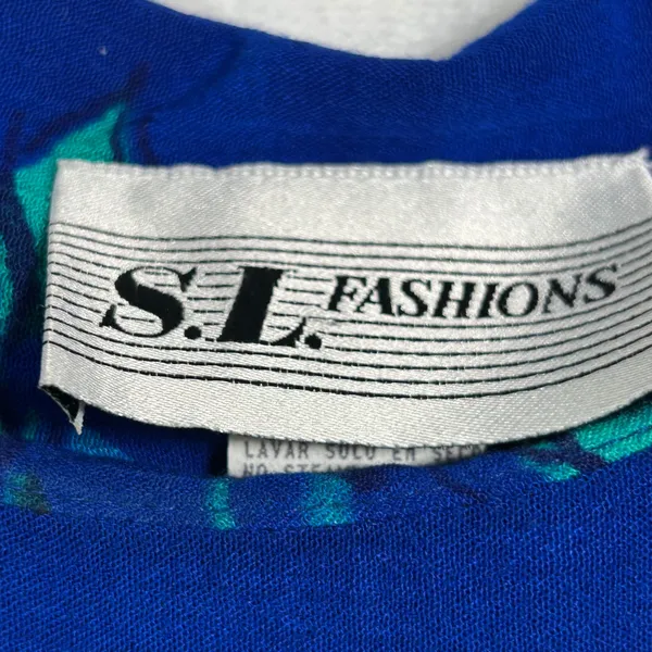 SL Fashions Vintage‎ Blue Floral Rayon Maxi Dress Short Sleeve Tie Waist Size 12 - Image 3