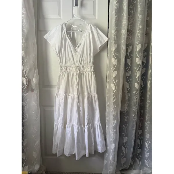 Free Assembly Tiered Midi Dress babydoll Drawstring Waist flutter sleeves sz S - Image 3