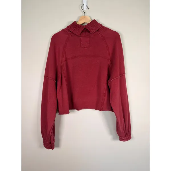 Aerie Womens Burgundy Cropped Mock‎ Neck Sweatshirt Raw Hem FK4556SH Red Small - Image 3