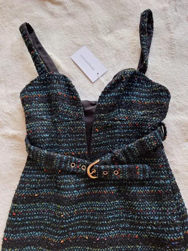 NWT Lovers and Friends Luz Tweed Mini Dress XS Black Blue Multi Belted Revolve - Image 4