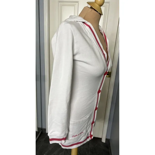 Triple Five Soul Button Up Cardigan Hoodie White Pink Varsity Y2K Retro - Image 3