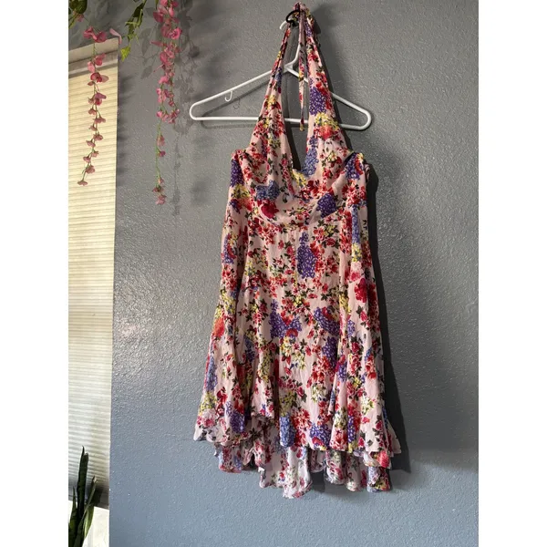 Free People Pink Multicolor Floral Halter High Low Midi Dress L Boho Y2K - Image 2