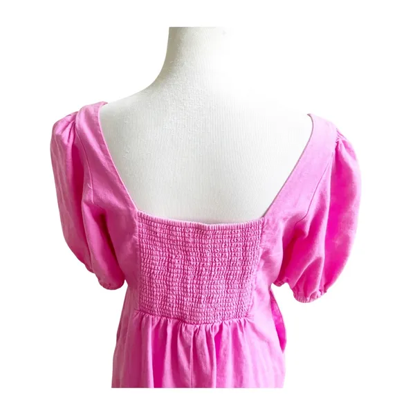 Old Navy Mini Dress Women M Pink Linen Blend Puff Sleeve Button Front Barbiecore - Image 7