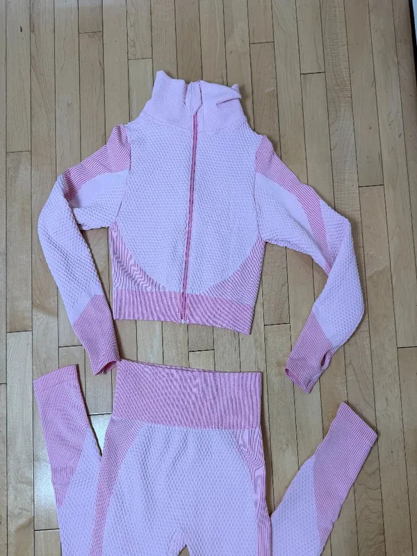 Pink Two Piece Work Out Athleisure Set Seamless Ribbed High Waist Size Large - Image 2