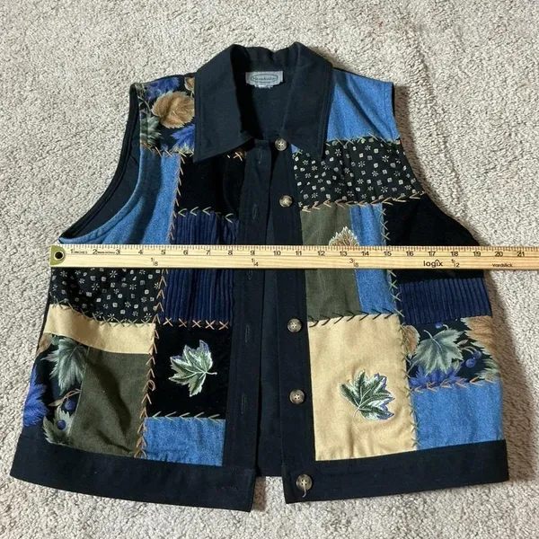 VTG Stonebridge Patchwork Embroidered Leaf Button Front Vest Black‎ Blue 16N33 Size L - Image 5