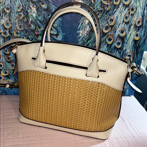 Dooney & Bourke Cream Leather and Tan Woven Structured 2 Way Satchel - Image 6