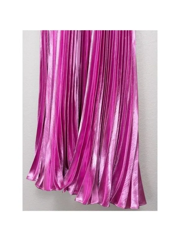 NWT AiiFOS Vera Pleated Metallic Gown 8 Pink Magenta Plisse Ruched Slit Formal - Image 8