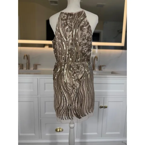 Sugar + Lip2 Sequin Mini Dress S Gold Champagne Cold Shoulder Keyhole Cocktail - Image 5