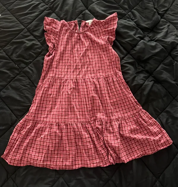 {TIME and TRU} Red Plaid Flutter Sleeve Tiered Prairie Mini Dress - Image 3