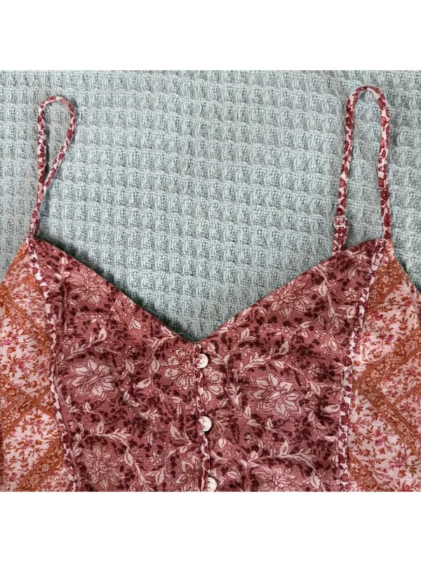 American Eagle Linen Blend Cropped Tank Top Women Medium Pink Orange Floral Boho - Image 3