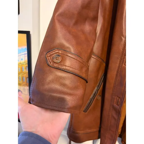 Vintage Kmart Leather Look Pantcoat‎ Brown Faux Leather Belted Jacket 70s 18.5 - Image 7