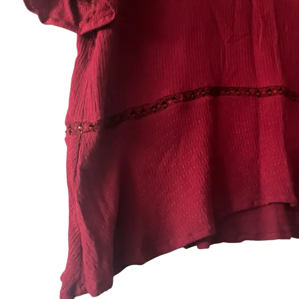 Shilla Chic Burgundy Ruffle Sleeve‎ Blouse Women's Sz S Boho Casual Lace Cut Out - Image 2