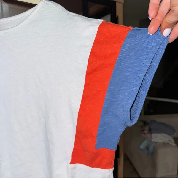 Anthropologie Hailey & Co oversized tee knit patchwork statement sleeves cobalt cap top - Image 4