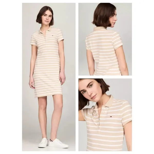 Tommy Hilfiger Polo Dress Womens XXS Tan‎ White Striped Slim Fit Preppy Sporty - Image 2