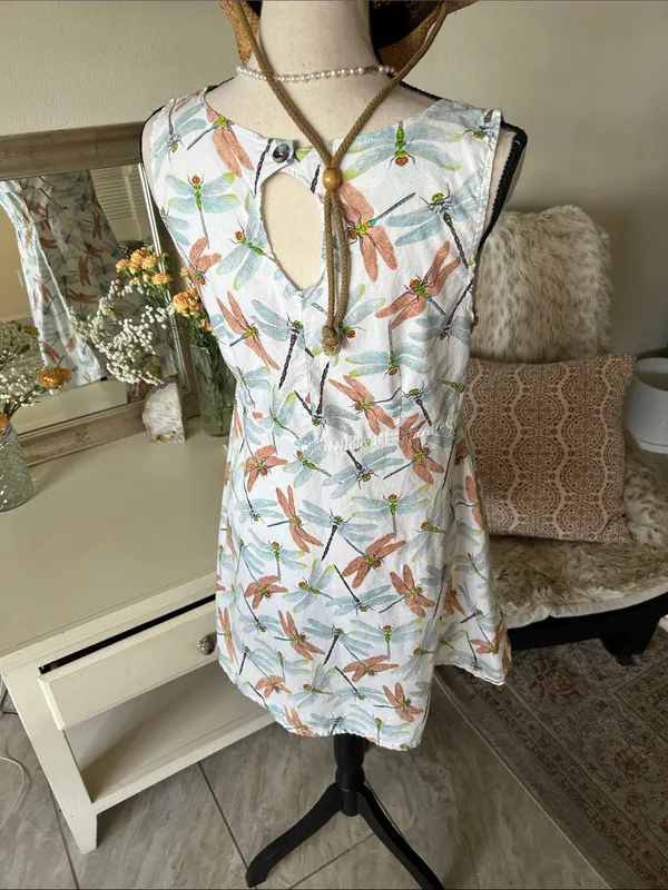 Tom tom white novelty, dragonfly, print, cotton, outdoor mini dress XS - Image 9
