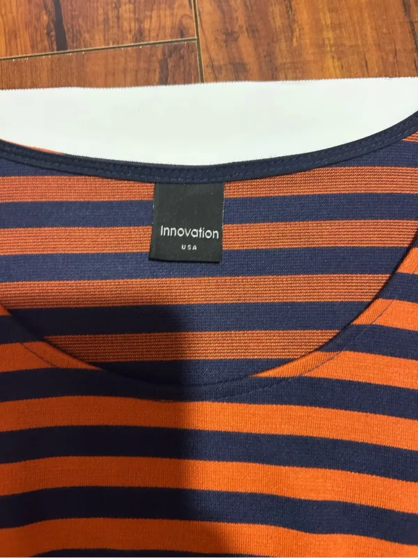 Striped Orange and Navy Belted Casual Dress - Image 3