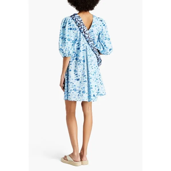 GANNI Printed Cotton Poplin Mini Dress Blue Floral Size EU 36/US 4/Small - Image 2