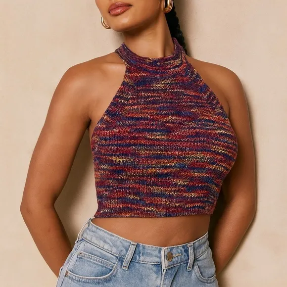 Cider Knit Halter Neck Crop Top Multicolor Space Dye Sleeveless‎ Tank Medium - Image 5