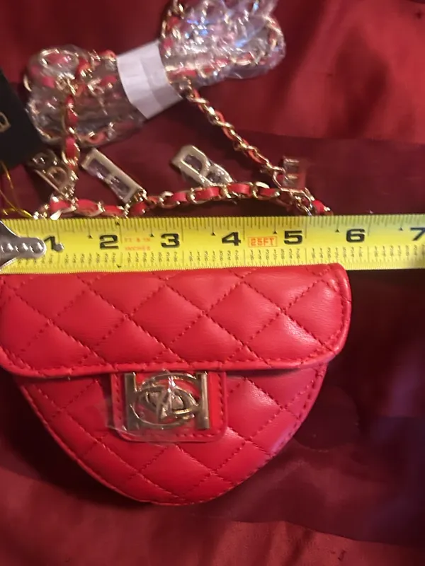 Bebe Red Quilted Heart Crossbody Bag with Gold Chain Charms - Image 10