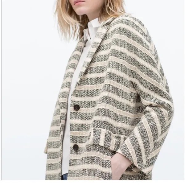 Zara Basic Womens Medium Striped Tweed Blazer Coat Black White Beige Cotton Mix‎ - Image 3