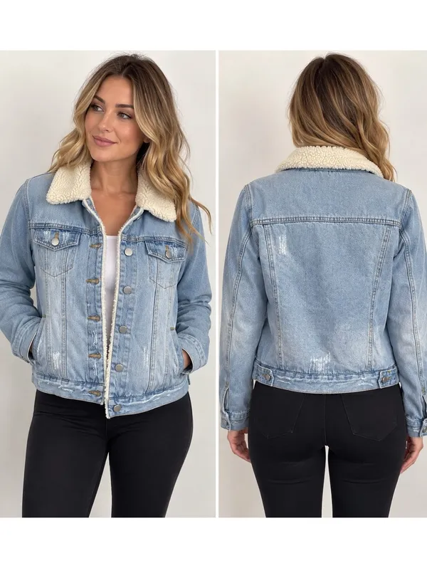 Ashley Vintage Charm Women’s L Sherpa Lined Distressed Denim Trucker Jacket - Image 2