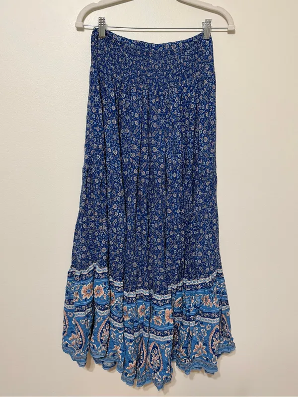 Natural Life Boho Maxi Skirt Size Small Blue Peach Floral Smocked - Image 7