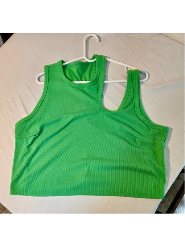 Cutout One Shoulder Ribbed Knit Sleeveless Crop Top Bright Kelly Green Large W-2 - Image 3