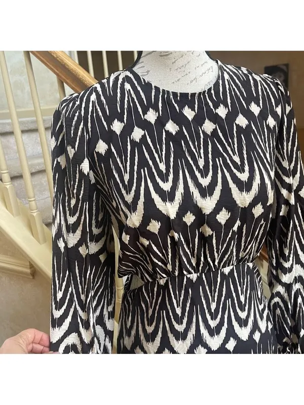 Zara Printed Midriff Cutout Brown Cream Ikat Tribal Puff Sleeve Maxi Dress Sz S - Image 6