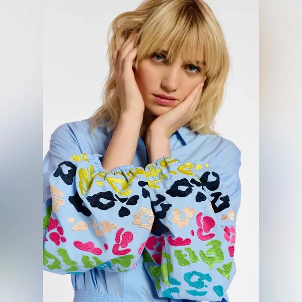 Essentiel Antwerp Embroidered Puff Sleeve Cotton Button Down Blue Dress S - Image 4
