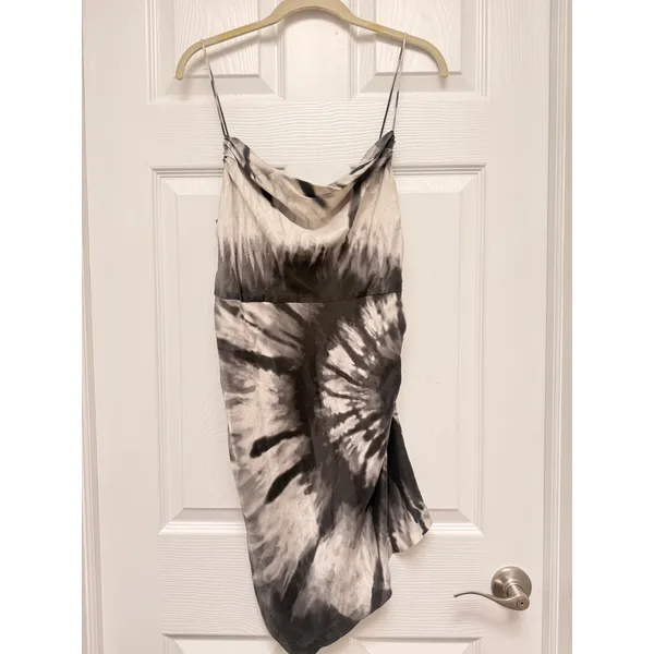 Retrofete Auris 100% Silk Tie Dye Asymmetrical Mini Dress Black White Large - Image 2