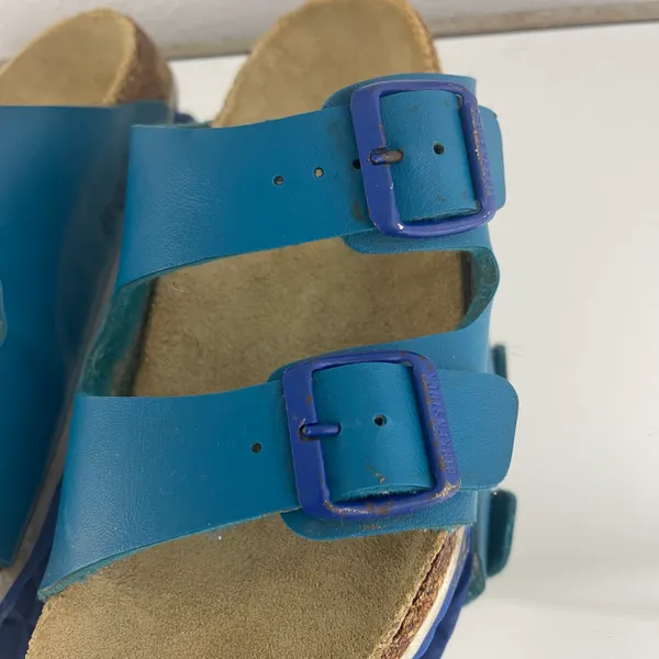 Birkenstock Two Tone Blue Leather Arizona Dual Strap Summer Slip On Sandals - Image 9